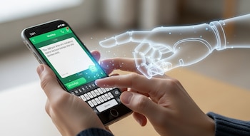 Manos humanas sujetan un smartphone con WhatsApp abierto. Una mano holográfica de IA apunta a la pantalla, con un mensaje parcialmente redactado visible.