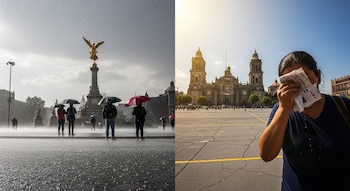 Imagen dividida: izquierda, lluvia intensa con paraguas en el Ángel de la Independencia. Derecha, mujer se cubre del sol ante la Catedral Metropolitana.