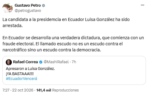 Gustavo Petro calificó de “dictadura” al Gobierno de Ecuador tras la detención de Luisa González - crédito @petrogustavo/X