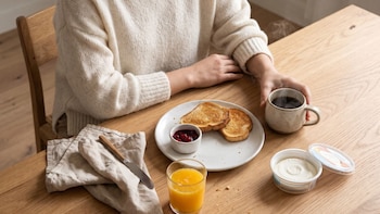 Persona en una mesa de madera frente a un plato con tostadas y mermelada, un vaso de jugo de naranja, queso untable y una taza humeante