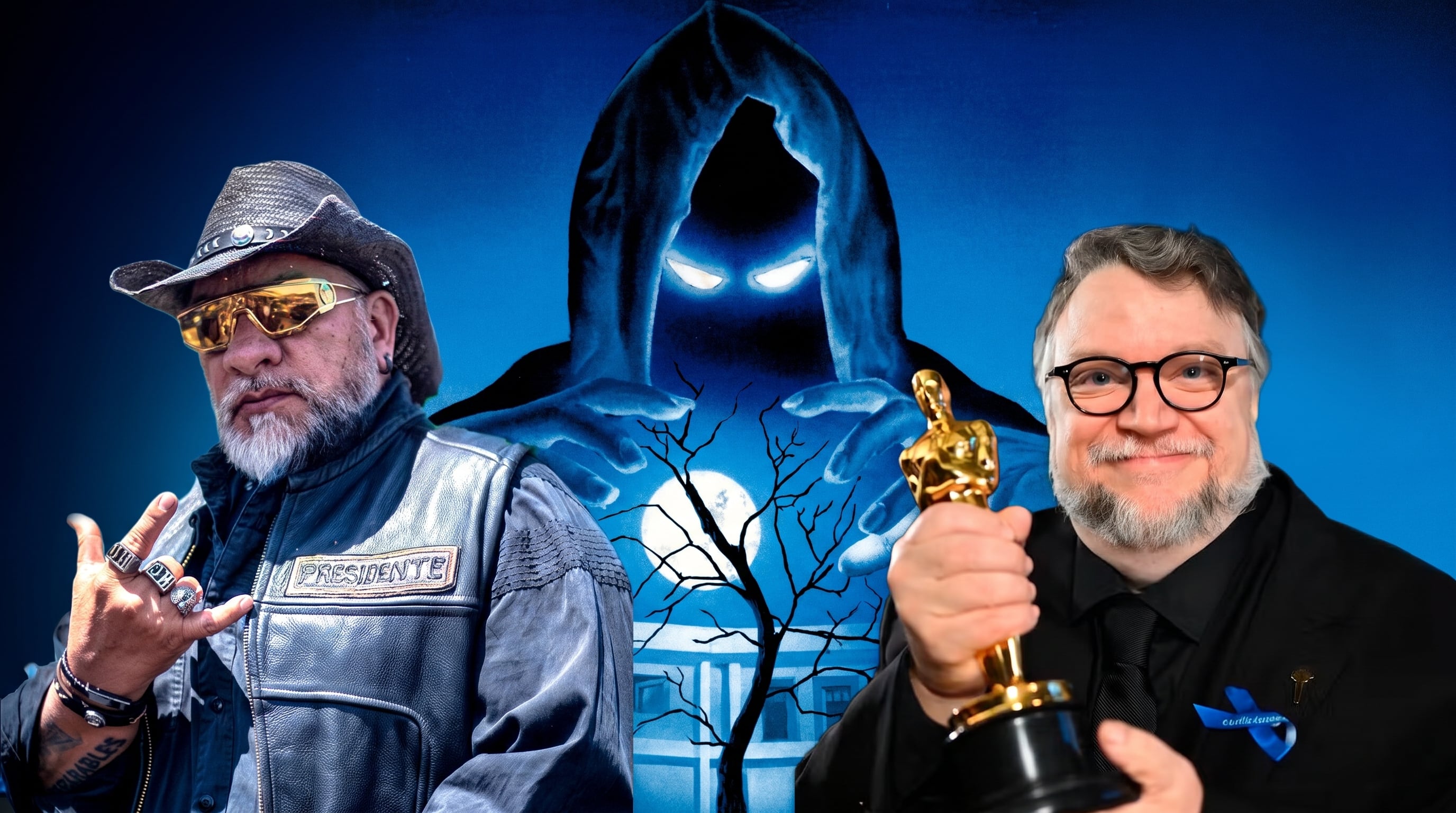 Un fotomontaje reúne al autor Carlos Trejo y al cineasta Guillermo del Toro frente a la ilustración de la portada del libro Cañitas. (Imagen Ilustrativa Infobae)