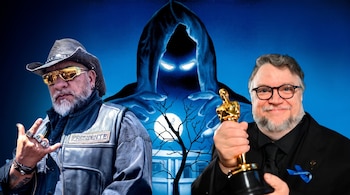 Carlos Trejo con sombrero y chaleco, Guillermo del Toro con una estatuilla dorada y una figura encapuchada con ojos brillantes sobre fondo azul.