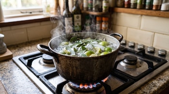 Una olla metálica sobre el fuego de una cocina a gas contiene agua en ebullición con hojas de eucalipto y trozos de limón verde.
