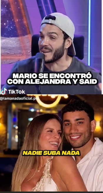 Pantalla dividida. Arriba, un hombre con gorra y barba habla en un micrófono. Abajo, una mujer y un hombre se abrazan y sonríen. Hay textos y logo de TikTok