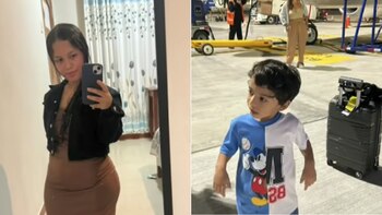 Imagen dividida: una mujer joven se toma una selfie. A su derecha, un niño pequeño de cabello oscuro con camiseta bicolor está en un aeropuerto junto a una maleta