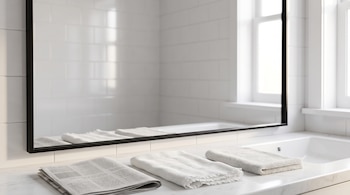 Un espejo de marco negro sobre un lavabo blanco con un periódico doblado, una tela de algodón y un paño de microfibra.