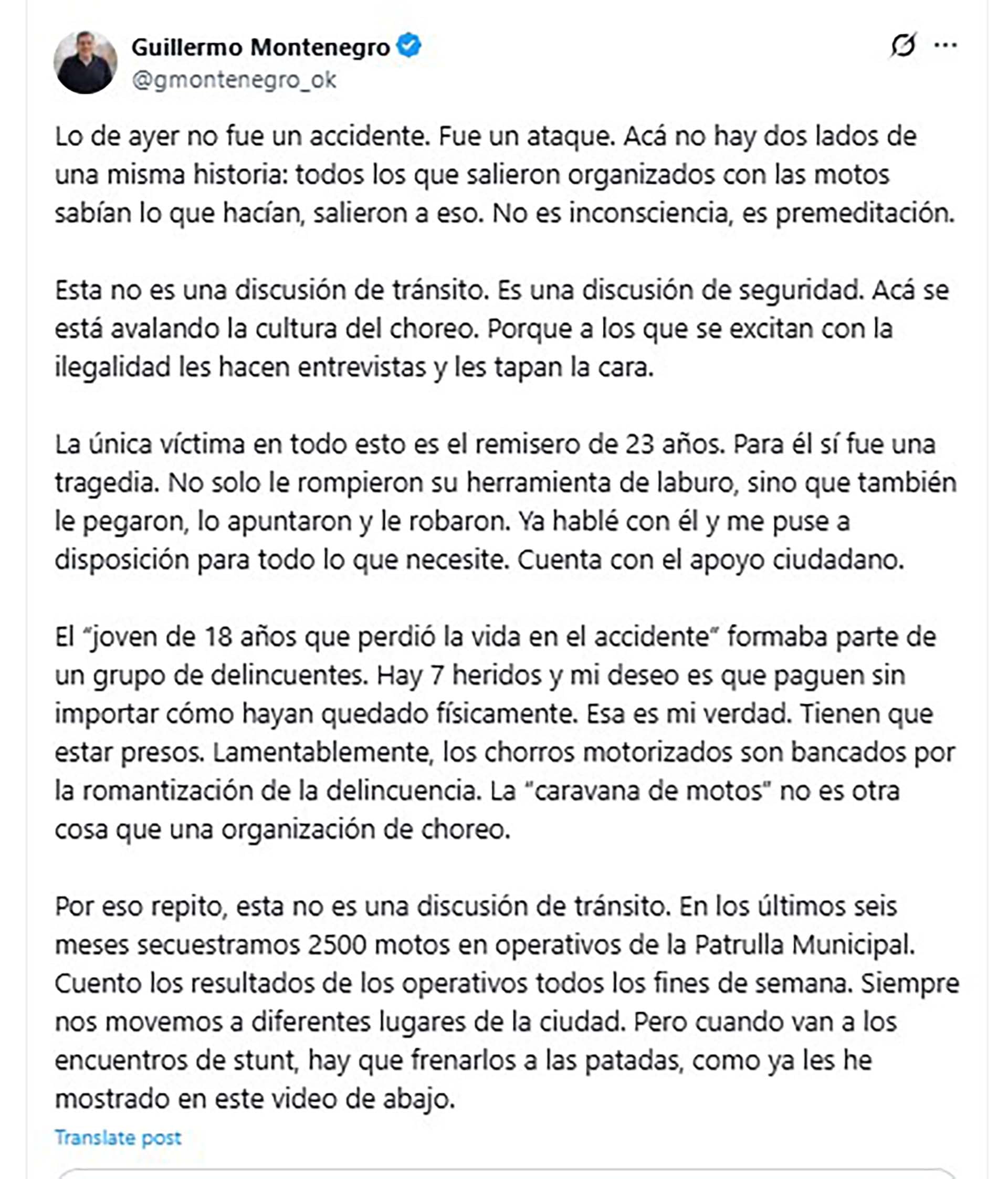 El mensaje del intendente Guillermo Montenegro sobre el choque múltiple