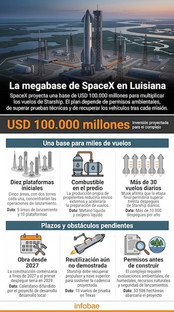 Infografía sobre la base de SpaceX en Luisiana, con la ilustración del cohete Starship e iconos informativos en paneles inferiores.