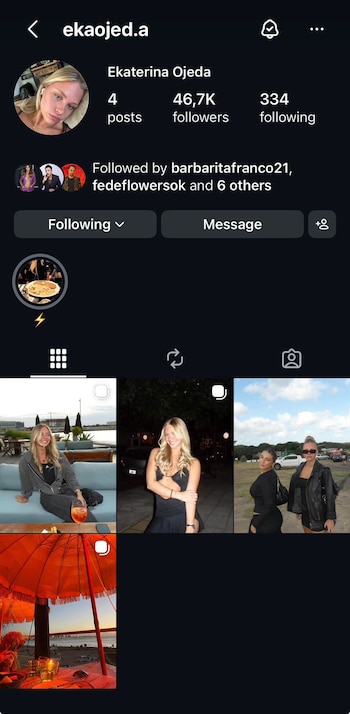 Captura de pantalla del perfil de Instagram de Ekaterina Ojeda con su foto, 4 publicaciones, 46.700 seguidores, 334 seguidos y cuatro miniaturas de fotos
