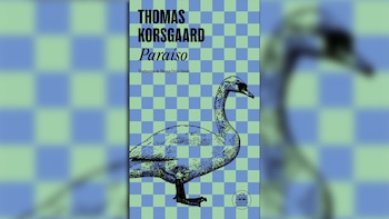 Portada del libro "Paraíso" de Thomas Korsgaard, con un cisne ilustrado en tonos azules y verdes, sobre un fondo cuadriculado azul y verde. Se ve el logo de Random House