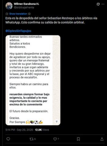 El analista arbitral publicó un pantallazo de la despedida del hasta ayer director de la Comisión de Árbitros Sebastián Restrepo-crédito @ArbitrajeFrente/X