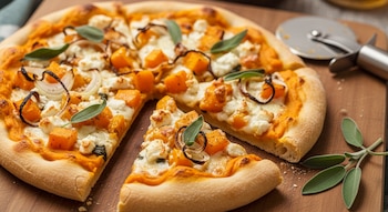Primer plano de una pizza de calabaza con queso, trozos de calabaza asada, cebolla y salvia, con una porción separada y un cortador de pizza.