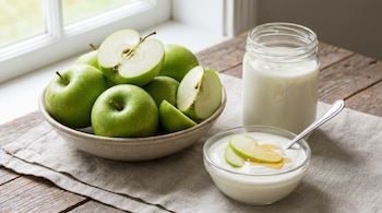 Un tazón de manzanas verdes enteras y cortadas en una mesa de madera, junto a un vaso y un bol de yogur natural adornado con rodajas de manzana y miel.