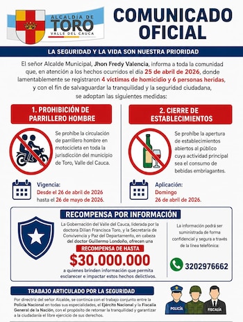 recompensa de hasta 30 millones de pesos por información que permita identificar y capturar a los responsables de la masacre en una discoteca - crédito Alcaldía de Toro