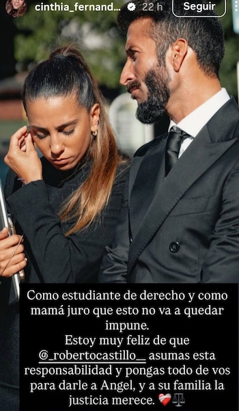 Cinthia Fernández, junto a Roberto Castillo, se mostró conmovida al acompañar la causa de Ángel López y reclamó justiciapor el nene (Instagram)