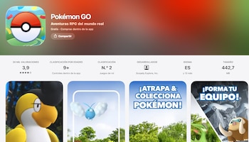 Captura de pantalla de la página de la aplicación Pokémon GO con icono de Pokéball, título, valoración, clasificación, desarrollador, idioma, tamaño y cuatro capturas del juego