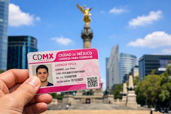 Primer plano de una mano sosteniendo una licencia de conducir rosa de CDMX. En el fondo, desenfocado, se distingue el Ángel de la Independencia bajo un cielo azul con nubes.