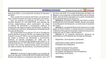 Dina Boluarte autoriza viaje de Ministro Juan José Santiváñez a Europa pese a enfrentar denuncias de presunto cobro de sobornos. (Captura: Diario El Peruano)