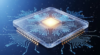 Vista cercana de un chip de computadora con un núcleo brillante y circuitos azules luminosos, incrustado en una base translúcida con textura granular oscura, rodeado de conexiones doradas sobre un fondo oscuro con destellos.