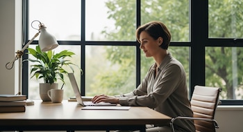 Mujer con camisa color topo y cabello corto sentada en escritorio de madera, usando laptop. Una planta, taza y libros están en el escritorio. Ventana grande con árboles verdes al fondo.