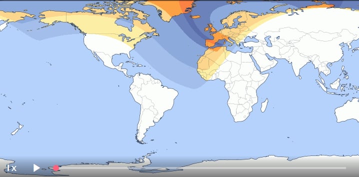 Cerca de 15 millones de personas estarán dentro de la franja de totalidad (naranja) y podrán ver el Sol completamente cubierto por la Luna (Time & Date)