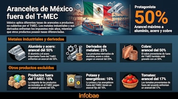 Infografía Aranceles de México fuera del T-MEC, bandera mexicana, barcos de carga, grúas, lingotes, bobinas de metal, barriles, cajas y cesta de tomates.