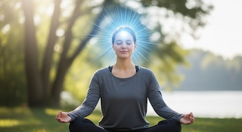 Mujer joven sentada en posición de loto con los ojos cerrados en un parque verde, con un halo de luz azul sobre su frente y árboles de fondo.