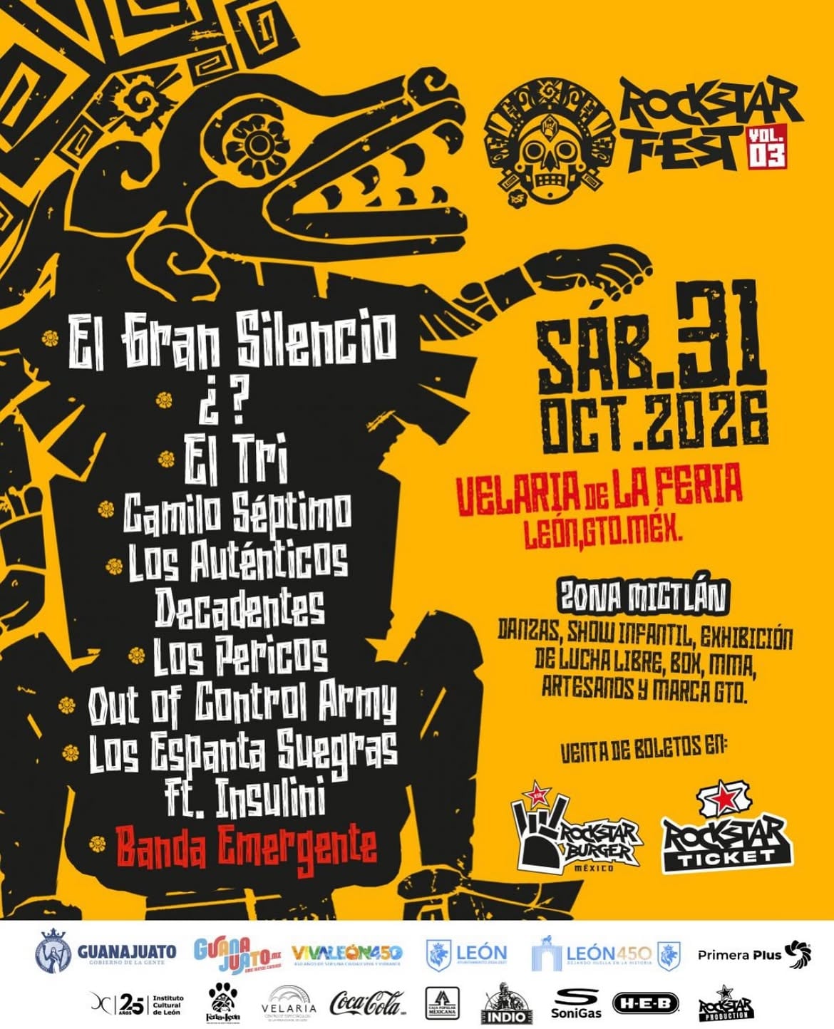 Un cartel promocional del Rockstar Fest Vol. 03 presenta la lista de bandas, la fecha del 31 de octubre de 2026 y las actividades en la Velaria de la Feria de León, Guanajuato. (Rockstar Fest Vol. 3 Cartel oficial)