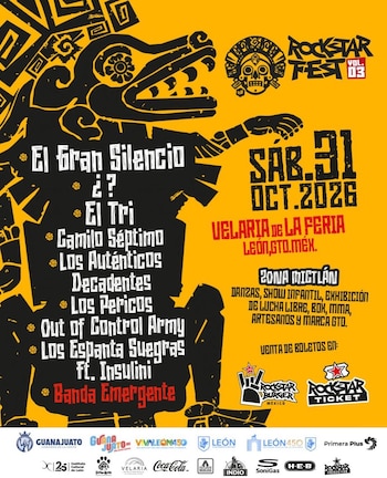 Póster de Rockstar Fest Vol. 03 con fondo amarillo, gráfico negro de estilo prehispánico, fecha 31 de octubre de 2026, sede León, bandas y logotipos
