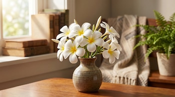 Un jarrón de cerámica con flores blancas de frangipani con centros amarillos sobre una mesa de madera, con una ventana y libros al fondo.