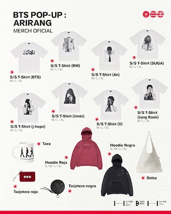 Productos disponibles en la Pop up store de BTS en CDMX. (X/@hybe_latam)