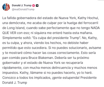 Captura de pantalla de un tuit de Donald J. Trump en X (@realDonaldTrump) con un texto extenso en español sobre la huelga ferroviaria
