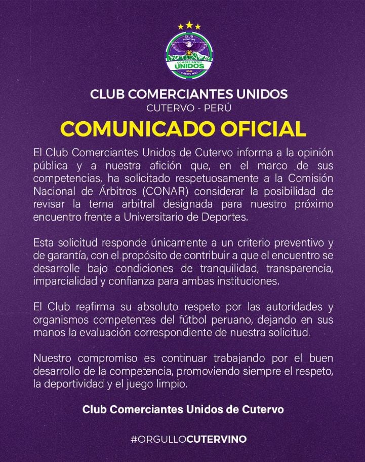 Las Águilas Cutervinas pidieron reconsiderar la designación arbitral para el partido del domingo en el Monumental. La institución aclaró que no existe un conflicto previo con Michael Espinoza ni con la CONAR. (Comerciantes Unidos)