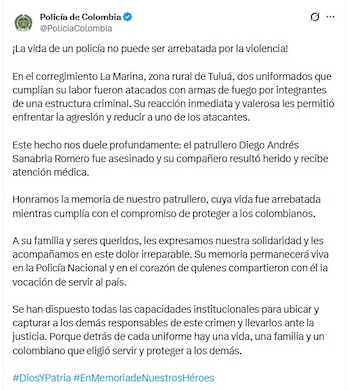 El policía herido durante el patrullaje nocturno recibe atención médica y sus lesiones no revisten gravedad - crédito @PoliciaColombia/X