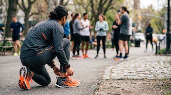Un hombre arrodillado se ata los cordones de una zapatilla deportiva de color naranja en un parque, con un grupo de personas al fondo.