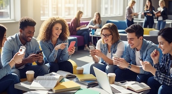 Jóvenes universitarios de diversas etnias en un área común luminosa, sonriendo mientras usan sus smartphones, mostrando aplicaciones de citas. Libros y una laptop en la mesa.