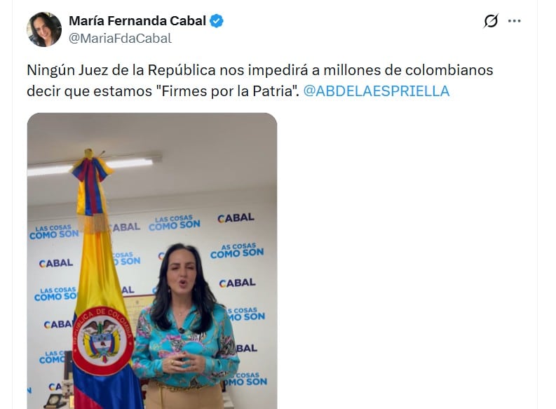María Fernanda Cabal señaló que no acataría la orden de un juez sobre el uso de la camiseta de la selección Colombia para demostrar su apoyo a Abelardo de la Espriella - crédito @MariaFdaCabal/X