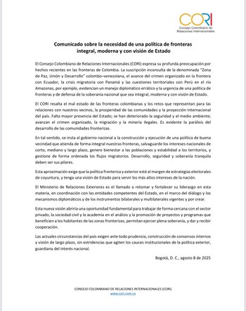 El Cori pidió una política de fronteras “integral, moderna y con visión de Estado” que esté al margen de intereses electorales - crédito Cori