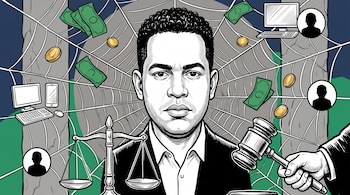 Ilustración de un hombre en el centro de una telaraña con billetes, monedas, computadoras, una balanza y un martillo de juez.