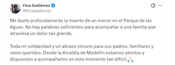 El alcalde de Medellín expresó su dolor por lo ocurrido - crédito Fico Gutiérrez / Instagram