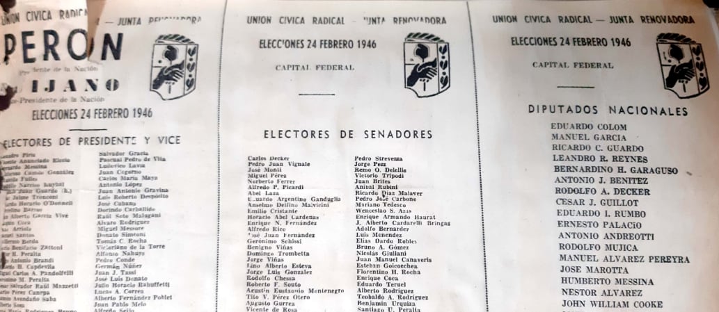 Una de las boletas que llevó la fórmula Perón-Quijano