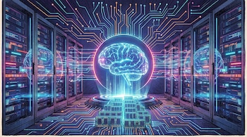 Ilustración de un cerebro humano luminoso dentro de una esfera en un centro de datos con servidores. Circuitos y módulos de RAM se extienden con luz azul y violeta.