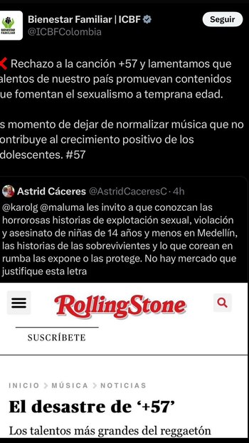 ICBF rechazó la canción +57 de Karol G y reguetoneros colombianos - crédito @ICBFcolombia
