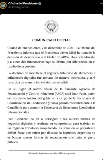 El comunicado de la Oficina