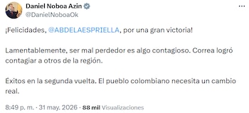 Mensaje publicado por Daniel Noboa en redes sociales luego de conocerse los resultados de las elecciones en Colombia. - crédito @DanielNoboaOk/X