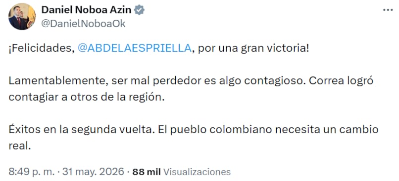 Felicitaciones de Noboa - crédito @DanielNoboaOk/X