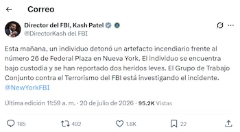 Captura de pantalla de un mensaje en red social del Director del FBI, Kash Patel. El texto informa sobre la detonación de un artefacto incendiario en Nueva York