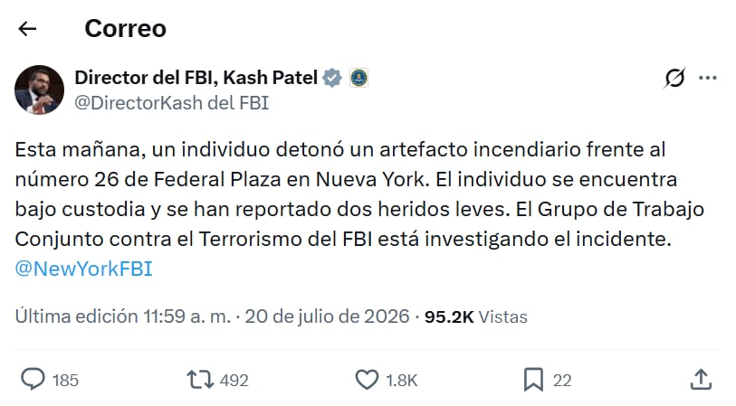 En sus redes sociales, el Director del FBI, Kash Patel, informó sobre la detonación de un artefacto incendiario con dos heridos leves en Federal Plaza (X @FBIDirectorKash)