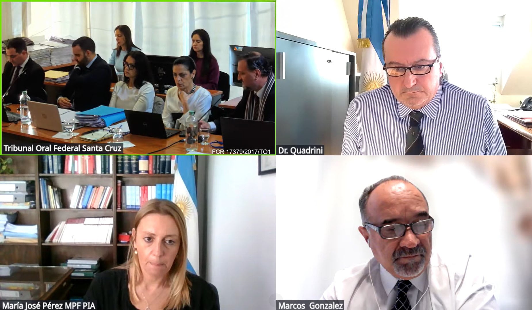 En el cuadro de arriba a la izquierda: fiscales y querellantes durante la audiencia de este miércoles