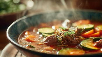 Caldo con calabacitas, carne de